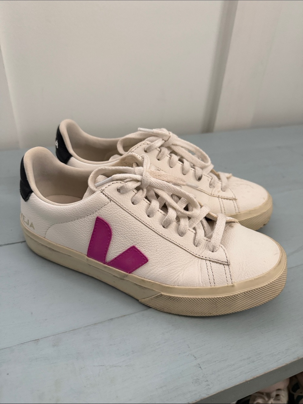 Veja Women’s White Leather Sneakers with Pink V Logo
